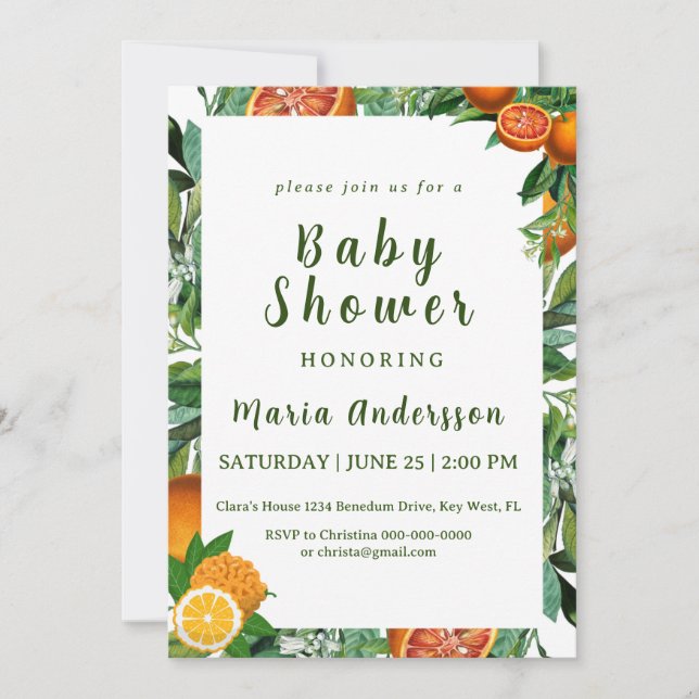 Invitación Naranja dulce Baby Shower (Anverso)