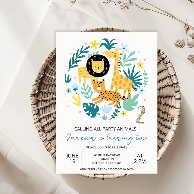 Invitación Naranja educado llama a todos los animales Fiestas (Safari Party Animals 2nd Birthday Invitation Template, Jungle Animals Two Wild 2nd Birthday Invite)