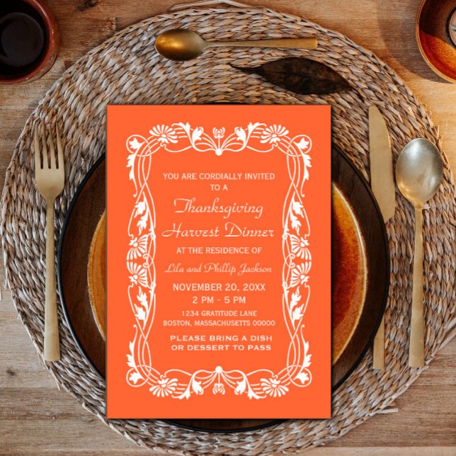 Invitación Naranja Elegant Border Thanksending Invite (Orange Elegant Border Thanksgiving Invite)