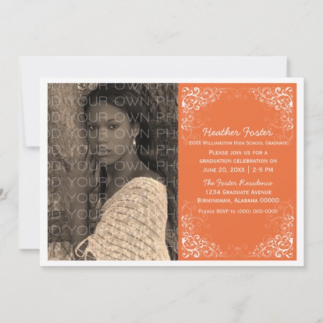 Invitación Naranja Elegant Swirls Photo Graduation Invite (Anverso)
