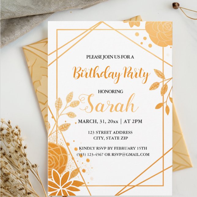 Invitación naranja elegante cumpleaños dorado floral y geomét (Subido por el creador)