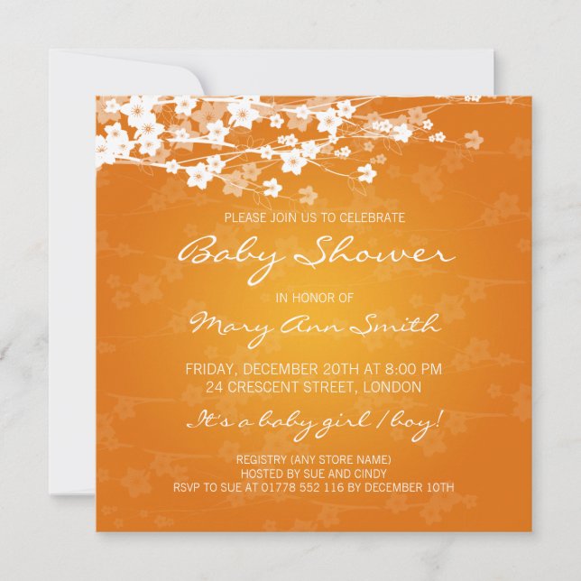 Invitación Naranja elegante de la flor de cerezo de Baby (Anverso)