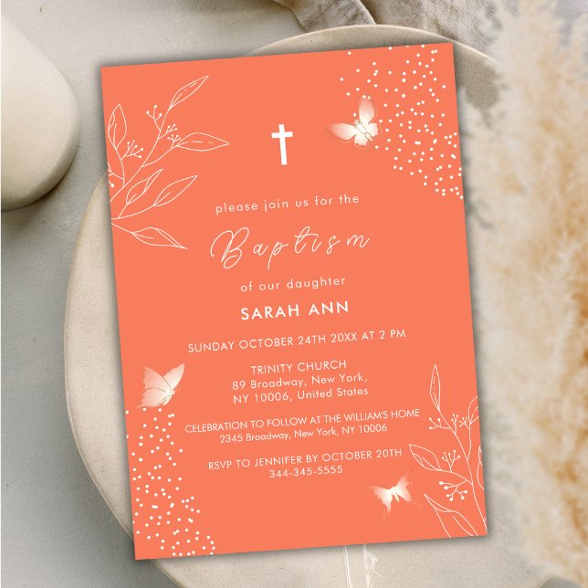 Invitación Naranja Elegante deja mariposa cruza bautismo (Orange Elegant Leave Butterfly Cross Baptism Invitation)