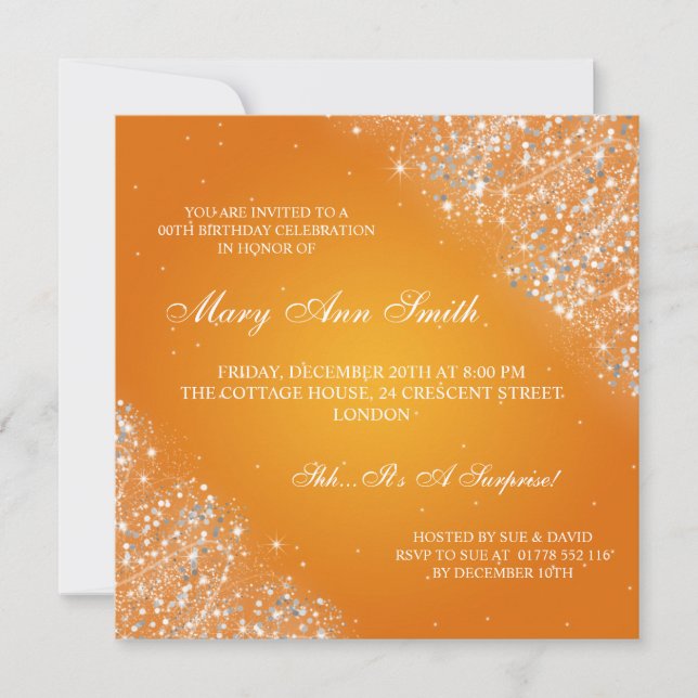 Invitación Naranja elegante del purpurina el chispear de la (Anverso)