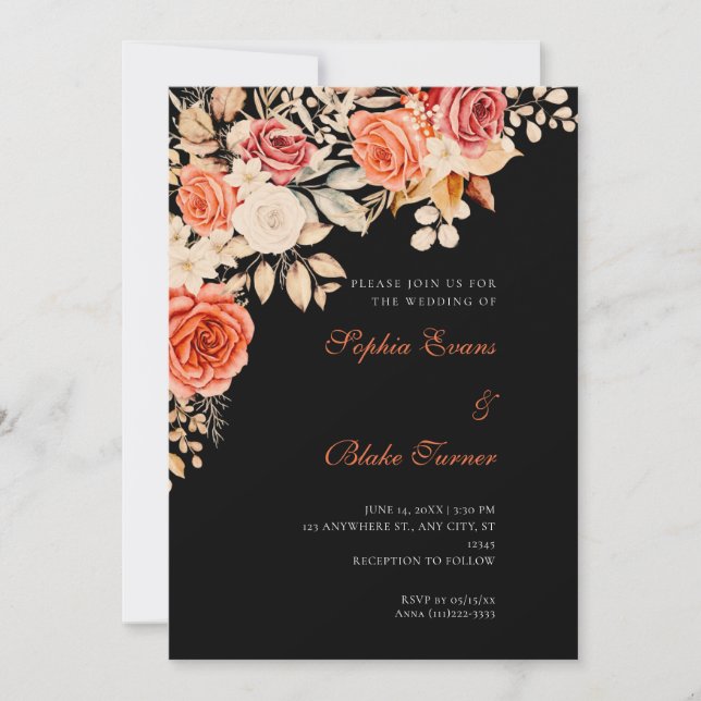 Invitación Naranja elegante y Boda negro de rosas blancas (Anverso)