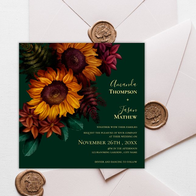 Invitación Naranja esmeralda y quemada Boda floral de girasol (Emerald & Burnt Orange Sunflower Floral Wedding Invitation)