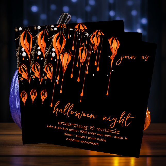 Invitación Naranja espeluznante y pintura negra Halloween cap (Enchanted spooky evening in orange and black Halloween night party invitation you customize. )