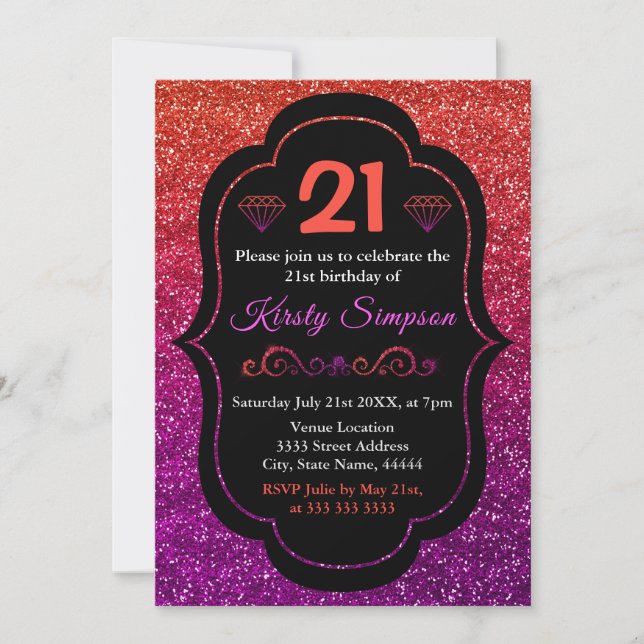 Invitación Naranja espumoso y Purpurina de gradiente púrpura  (Anverso)