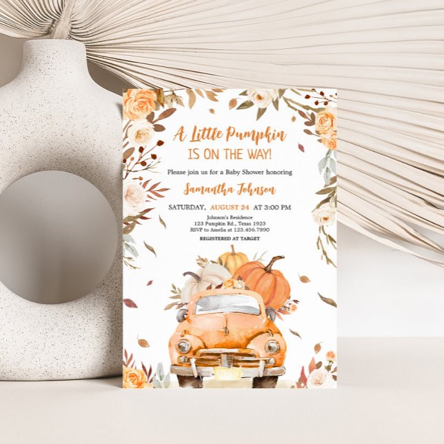 Invitación Naranja Fall Pumpkin Truck Baby Shower (Truck Pumpkin Baby Shower Invitation)