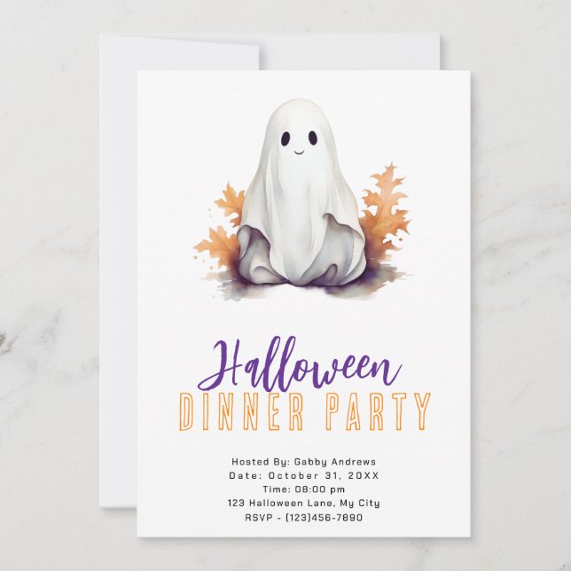 Invitación Naranja fantasma se va de Fiesta de cena de Hallow (Anverso)