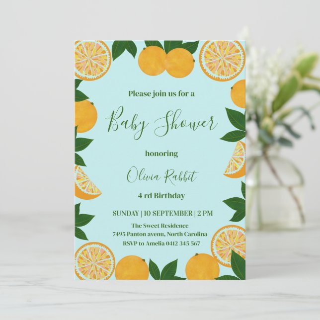 Invitación Naranja Fiesta Fruit Fresh Baby Shower (Anverso de pie)
