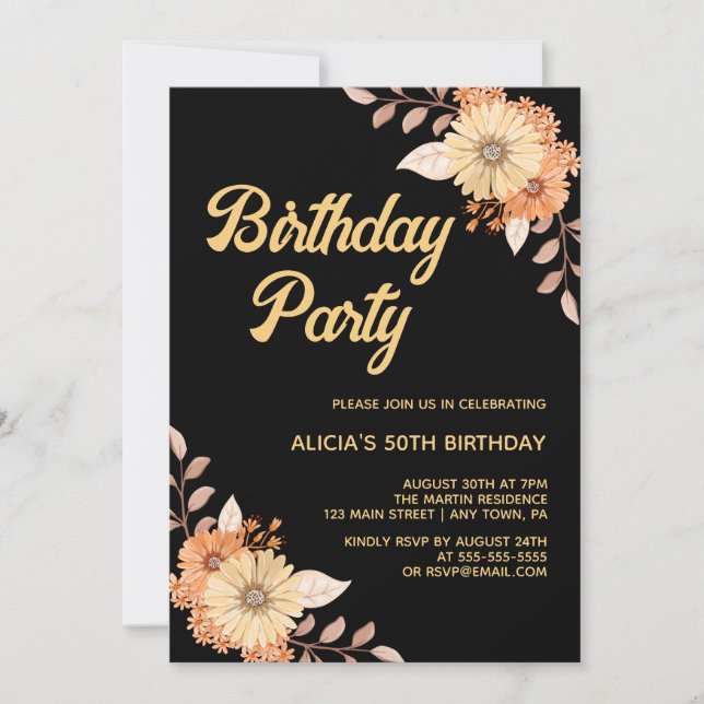 Invitación Naranja Flor Botánica Oro Negro Cumpleaños (Anverso)