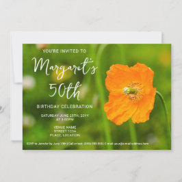 Invitación Naranja Flor de amapola en foto verde 50 cumpleaño