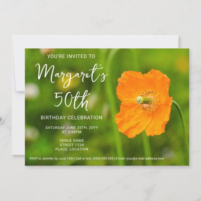 Invitación Naranja Flor de amapola en foto verde 50 cumpleaño (Anverso)