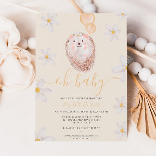 Invitación Naranja flor dorada hedgehog acuarela ducha bebé