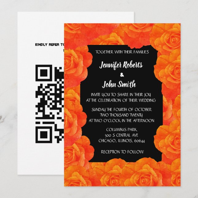 Invitación Naranja Flor Negra Código QR Rosa Flores Boda (Anverso / Reverso)