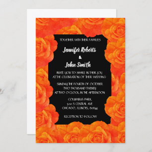 Invitación Naranja Flor Negra Código QR Rosa Flores Boda