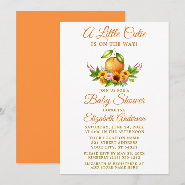 Invitación Naranja floral acuarela Baby Shower Cutie pequeña (Anverso / Reverso)