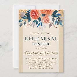 Invitación Naranja Floral acuarela Elegante Ensayo Cena