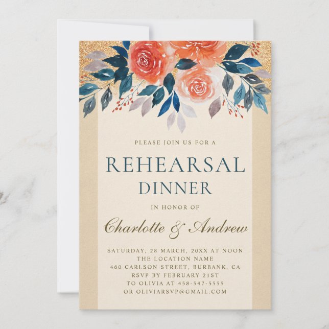 Invitación Naranja Floral acuarela Elegante Ensayo Cena (Anverso)