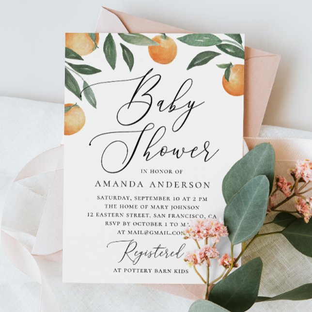 Invitación Naranja floral acuarela guión cítrico bebé ducha (Subido por el creador)