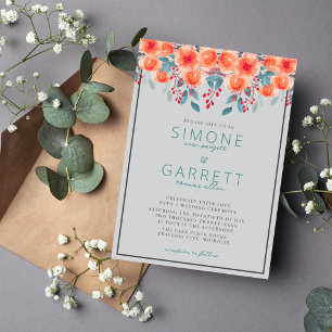 Invitación Naranja floral alegre y Boda Verde azulado
