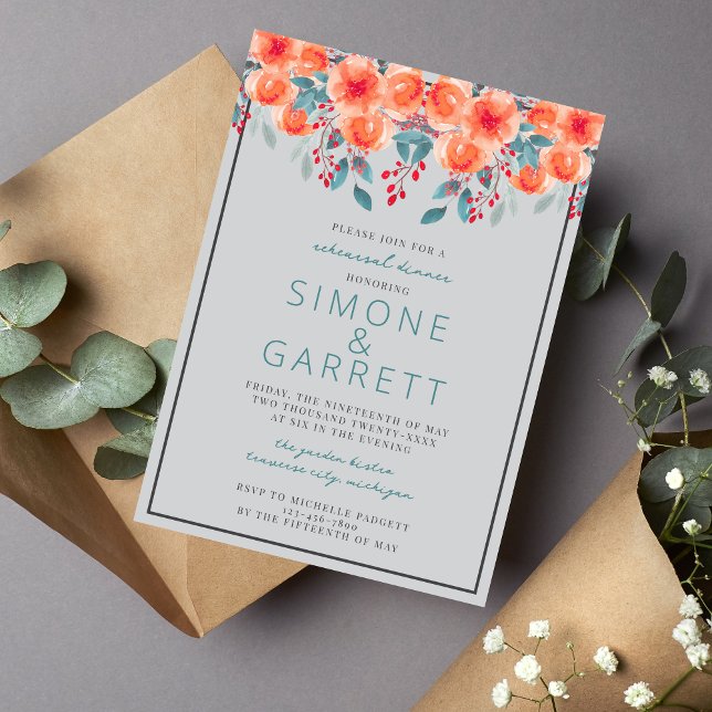 Invitación Naranja floral alegre y cena Verde azulada de ensa (Subido por el creador)