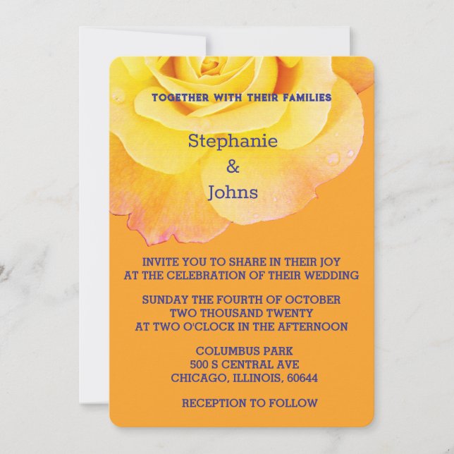 Invitación Naranja floral amarillo Rosa Marina Boda de Boho a (Anverso)