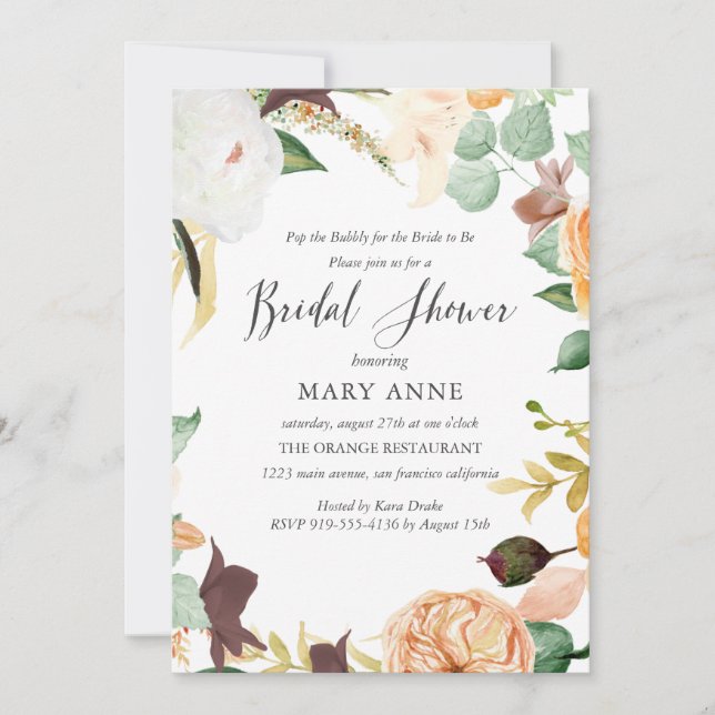 Invitación Naranja floral Boda de verano tardío Bridal Ducha  (Anverso)