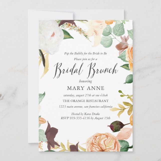 Invitación Naranja floral Boda de verano tardío brunch de nov (Anverso)