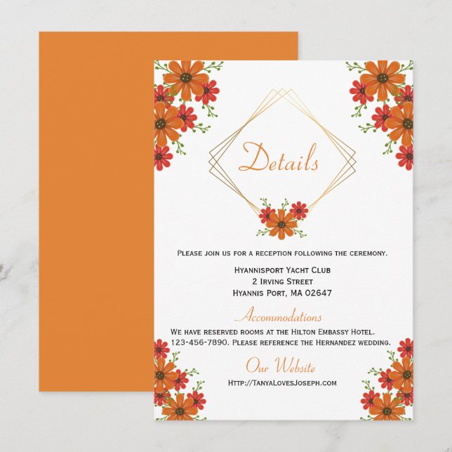 Invitación Naranja floral Boda detalla la caída del país rusa (Anverso / Reverso)