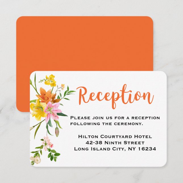 Invitación Naranja floral Boda Recepción Flores Rosa Lirio (Anverso / Reverso)