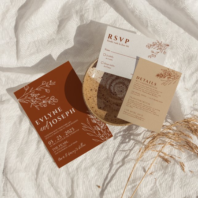 Invitación Naranja Floral Boho Quemado Terracotta Boda herbal (Subido por el creador)