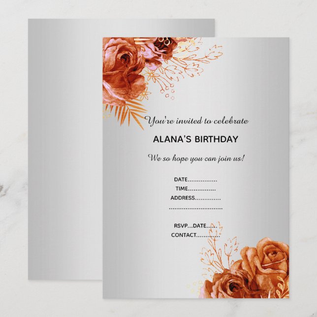 INVITACIÓN NARANJA FLORAL BOUQUET ELEGANTE TODA LA PLATA DE O (Anverso / Reverso)
