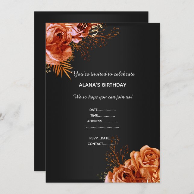 INVITACIÓN NARANJA FLORAL BOUQUET ELEGANTE TODAS LAS OCASIONE (Anverso / Reverso)