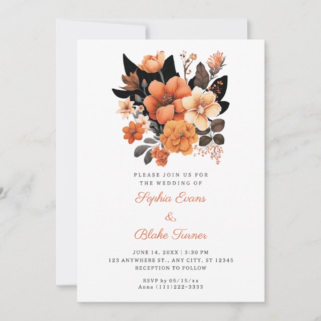 Invitación Naranja Floral Bouquet Fall Boda Blanco (Anverso)