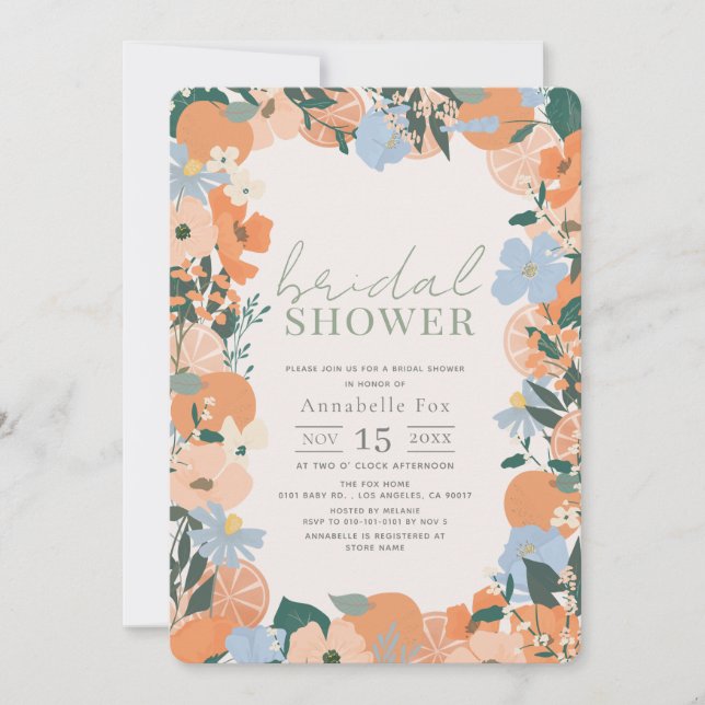 Invitación Naranja Floral Bridal Shower (Anverso)