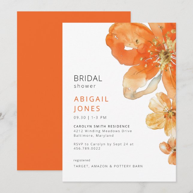 Invitación Naranja Floral Bridal Shower (Anverso / Reverso)