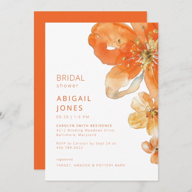 Invitación Naranja Floral Bridal Shower II (Anverso / Reverso)