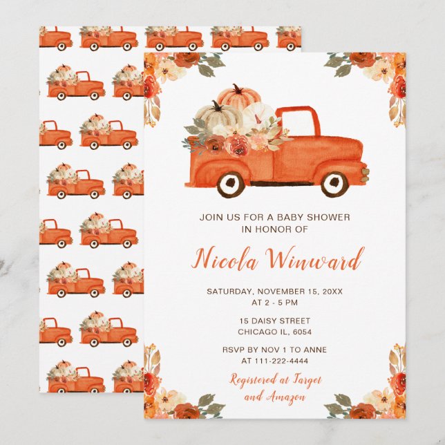 Invitación Naranja Floral Calabaza Camión Baby Shower (Anverso / Reverso)