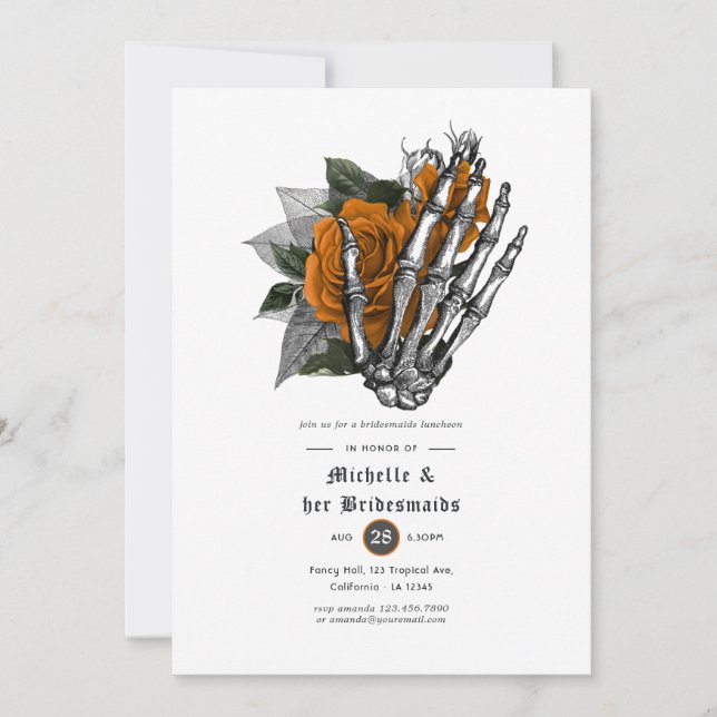 Invitación Naranja Floral Calaveras góticas Bridesmaids Lunch (Anverso)