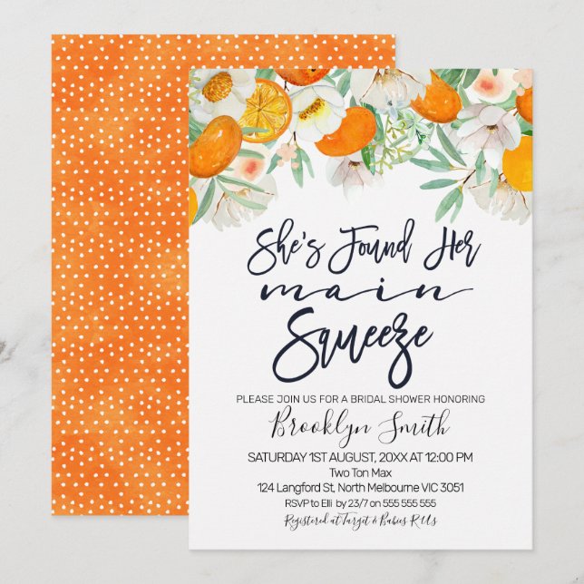 Invitación Naranja floral chirrido principal ducha de novia i (Anverso / Reverso)