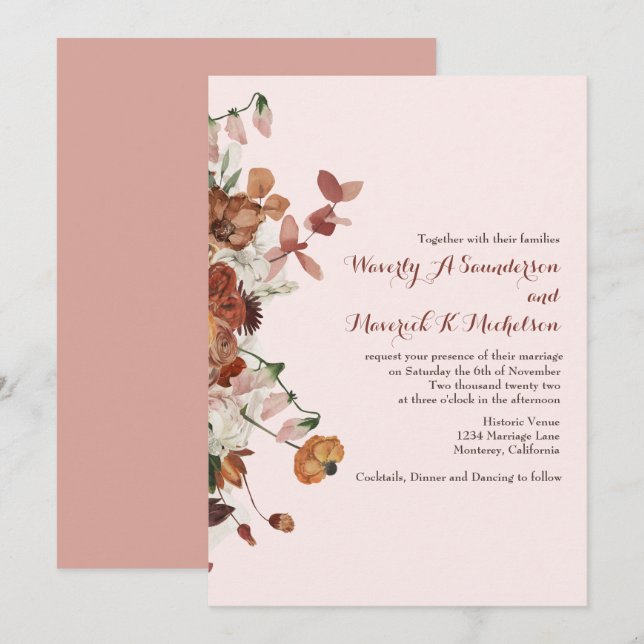 Invitación Naranja Floral de acuarela  Rosa Polvo Boda (Anverso / Reverso)