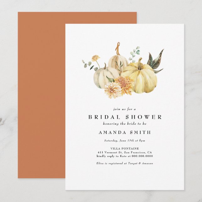 Invitación Naranja floral de calabaza otoñal ducha de novia (Anverso / Reverso)