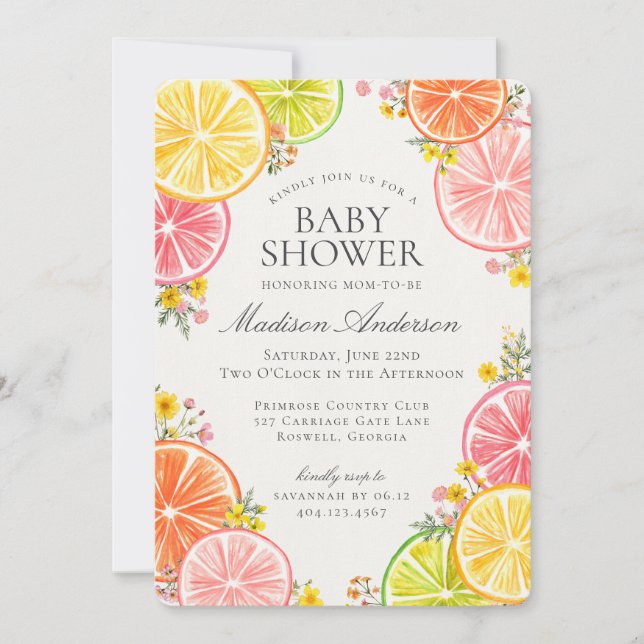 Invitación Naranja floral de Little Cutie Citrus Baby Shower (Anverso)