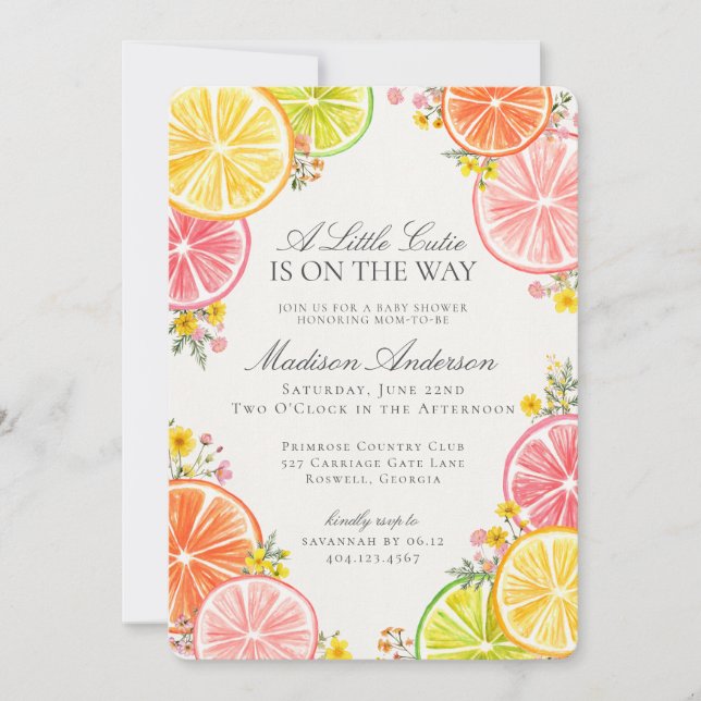 Invitación Naranja floral de Little Cutie Citrus Baby Shower (Anverso)
