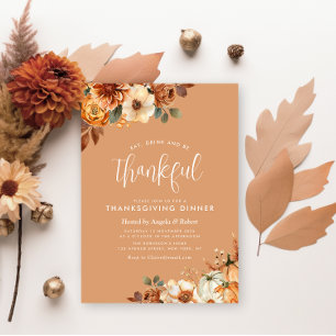 Invitación naranja floral de otoño bohemio cena de acción de 
