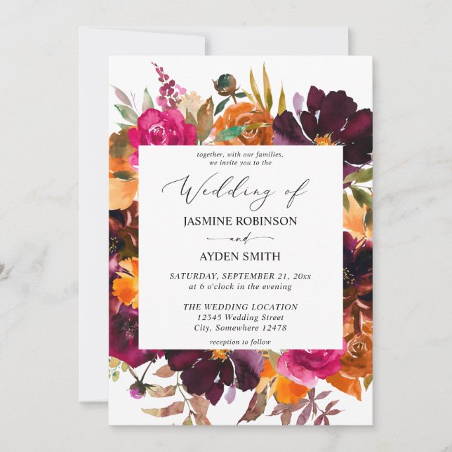 Invitación Naranja, Floral de rosa caliente y morado 2 Boda (Anverso)