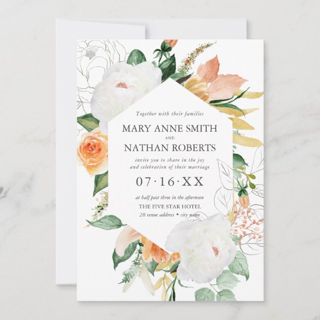 Invitación Naranja floral de verano Boda botánico geométrico (Anverso)