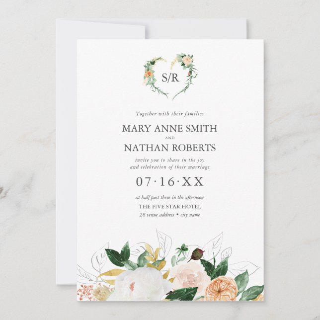 Invitación Naranja floral de verano Boda de monograma botánic (Anverso)